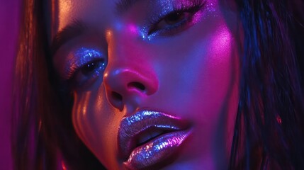 High fashion model woman in colorful bright neon lights posing in studio. Beautiful sexy girl, trendy glowing makeup, metallic silver lips