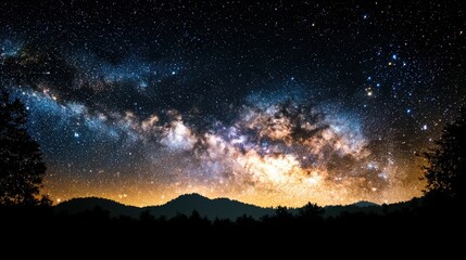 Naklejka premium Majestic Milky Way Galaxy Over Silhouetted Mountains at Night