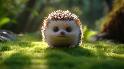 Cute hedgehog on mossy forest floor, adorable animal portrait in natural setting.