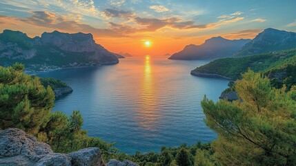 Fototapeta premium A panoramic view captures a stunning sunset over the sea, with orange and blue skies, green mountains, and calm blue water