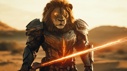 lion in a sleek, futuristic armor, standing proudly with a glowing sword, powerful stance, vibrant desert background, warm color tones, cinematic atmosphere