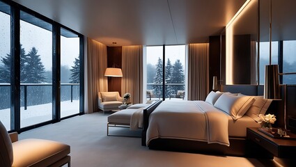 Fototapeta premium Indulge in the elegance of a luxurious, modern bedroom designed for comfort and sophistication. This ultra-high-resolution 8K image showcases a sleek space with large glass windows.