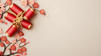 A festive arrangement featuring red firecrackers and pink cherry blossoms on a light background, symbolizing celebration and good fortune.