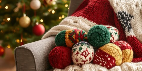 Close-up of a holiday-themed knitting kit with colorful yarn and patterns, set up on a cozy chair next to a warm blanket.