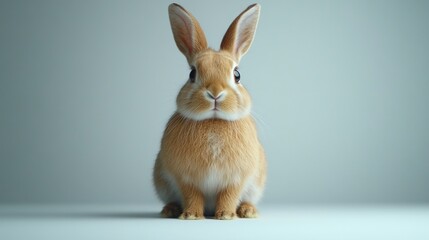Obraz premium Cute, light orange rabbit sits centered against a light gray backdrop.