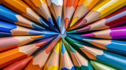 Fototapeta premium Brightly colored pencils arranged in a pattern, focus on tips and vibrant hues, concept of creativity, design, and artistic inspiration, playful mood.