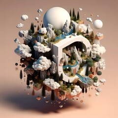 3D Rendered Letter "D" Landscape, Miniature World, Surreal Nature Scene, Digital Art, 3D Illustration