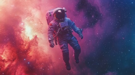 Fototapeta premium Astronaut floating through a vibrant nebula in deep space, surrounded by cosmic dust and stars, surreal colors, sense of vastness and isolation, highly detailed, sci-fi scene
