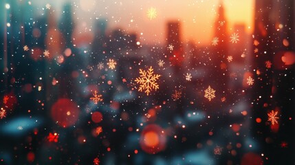 Sparkling holiday lights reflecting off snowflakes, festive city scene, concept of winter celebrations, holiday spirit, and urban magic.