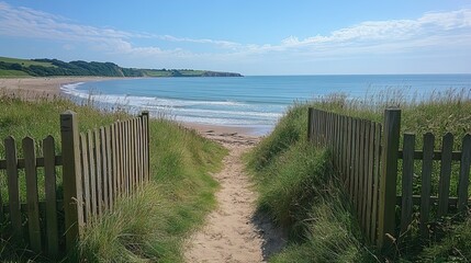 Obraz premium A path leading to a beach with wooden fences, framed by green grass and blue skies