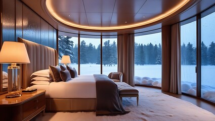 Experience the epitome of luxury in this opulent, high-end bedroom featuring breathtaking panoramic views of a snowy landscape under a gentle rainfall. Captured in ultra-high-definition 8K.