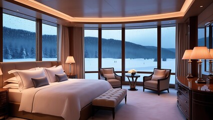 Fototapeta premium Experience the epitome of luxury in this opulent, high-end bedroom featuring breathtaking panoramic views of a snowy landscape under a gentle rainfall. Captured in ultra-high-definition 8K.