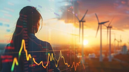 Silhouetted woman standing against a dramatic sunset sky observing a row of wind turbines in the distance with a financial chart and graph data overlay symbolizing renewable energy technology