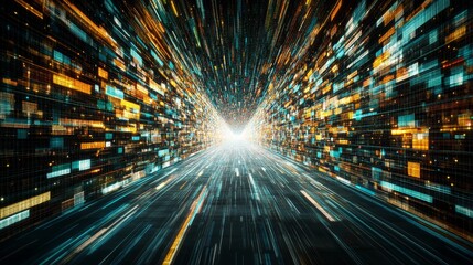 Abstract Digital Tunnel with Glowing Lights and Data Streams