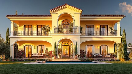 A large light yellow house with arches a pool, and a yard.