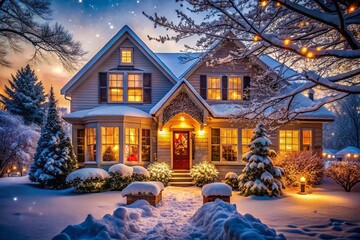 Cozy Suburban Home with Glowing Windows Under Snowfall Captured in Candid Photography, Evoking Warmth and Serenity in a Winter Wonderland Scene