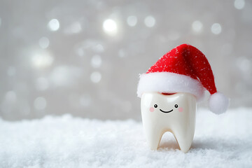 A minimalistic Christmas-themed design featuring a white tooth with a Santa hat, set on a light snowy background with ample space for text. Perfect for dental clinics' holiday campaigns