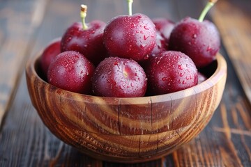 Juicy and fresh red plums resting in a beautifully crafted wooden bowl on a rustic table drenched in delicate water droplets - Powered by Adobe