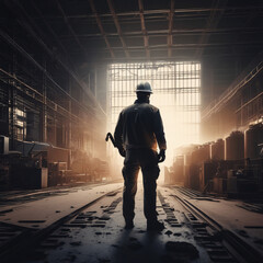 A silhouette of construction electrician working in a factory, worker with helmet, electrical worker in action