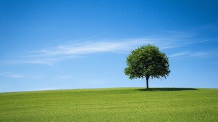 Obraz premium A minimalist shot of a single tree in a vast field under a blue sky