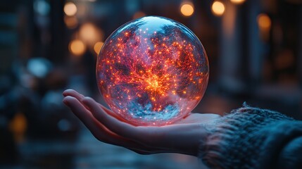 Fototapeta premium A person holds a neural network sphere with colorful lines and nodes, highlighted against a dark background