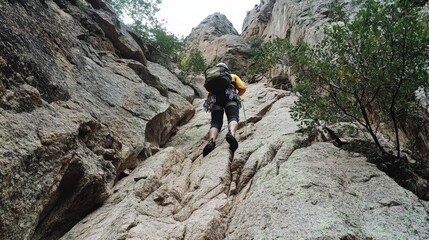 Fototapeta premium A mountain climber ascending a steep rock face, demonstrating strength and perseverance