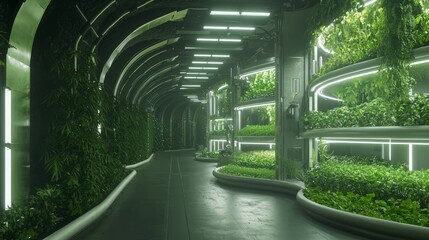 Futuristic Urban Underground Vertical Farming Concept with LED-lit Shelves, Robotics, and Innovative Design