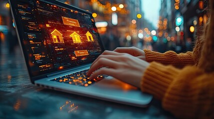 Naklejka premium A person typing on a laptop with virtual house icons above the keyboard, indicating attention to real estate searches through digital tools