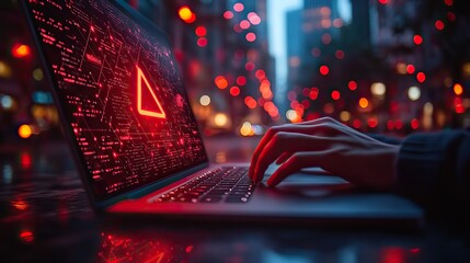 A person uses a laptop with digital layered triangle icons of an exclamation mark and red colored shapes on the screen, warning about security threats and the importance of online safety