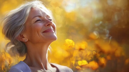 Fototapeta premium Portrait of happy mature woman enjoying wonderful sunny day in nature