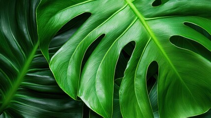 A close-up shot of a large, vibrant green monstera leaf with its signature split pattern