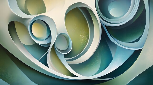 A 3D abstract canvas art featuring smooth, circular forms and organic lines in soft greens and blues, layered to create an illusion of depth and harmony