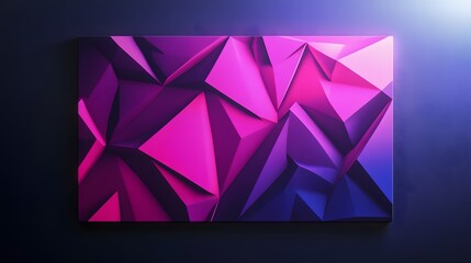A 3D canvas art with layered triangular and polygonal shapes in shades of neon pink and purple, set against a dark background for a striking contrast and depth