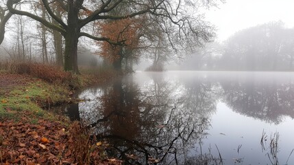 Naklejka premium A quiet New Year Day reflection by a lake with mist and tranquility
