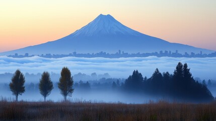 Serene mountain landscape at dawn with fog and trees in the foreground.