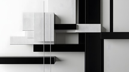 A minimalistic 3D canvas art with overlapping black and white rectangles and sharp lines, layered to form a bold, geometric abstract with a three-dimensional feel