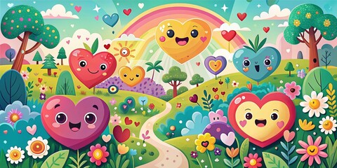 Cute Smiling Heart Cartoon Characters in a Colorful Landscape Captured by Drone Photography - Perfect for Fun and Joyful Illustrations