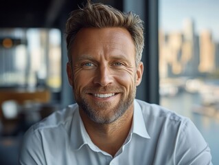 Fototapeta premium Confident male entrepreneur with a blurred bustling cityscape behind, depth of field emphasizing his sharp, poised appearance