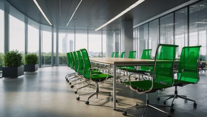 Modern office meeting room with green chairs and glass walls