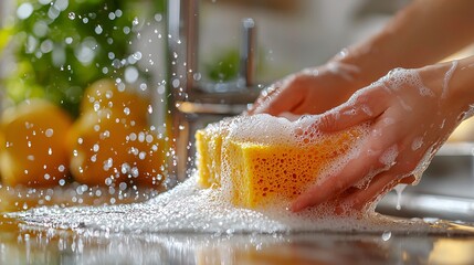 Fototapeta premium Sparkling Clean: Hands Washing Shiny Kitchen Sink with Soapy Sponge in Vibrant Atmosphere