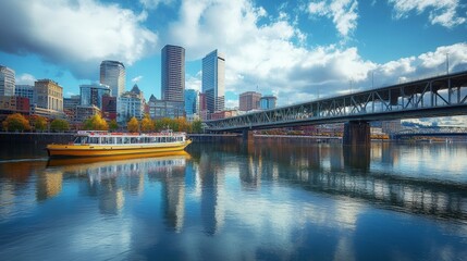 Fototapeta premium A riverside city with iconic bridges, boats passing by, and the skyline reflected in the water