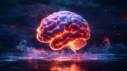 Fototapeta premium A glowing, fiery brain erupts with energy against a starry sky