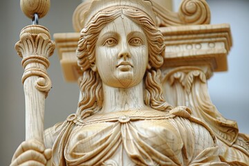 Obraz premium Detailed wood carving of a female figure representing justice holding a scale and sword, showcasing craftsmanship and artistry in a gallery setting