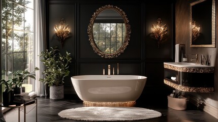 Fototapeta premium A luxurious bathroom mirror featuring intricate detailing and surrounded by ambient lighting for a glamorous touch