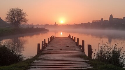 Fototapeta premium Serene sunrise over a misty river with a wooden pier extending into the water.