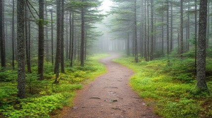 Obraz premium Pathway through foggy evergreen forest