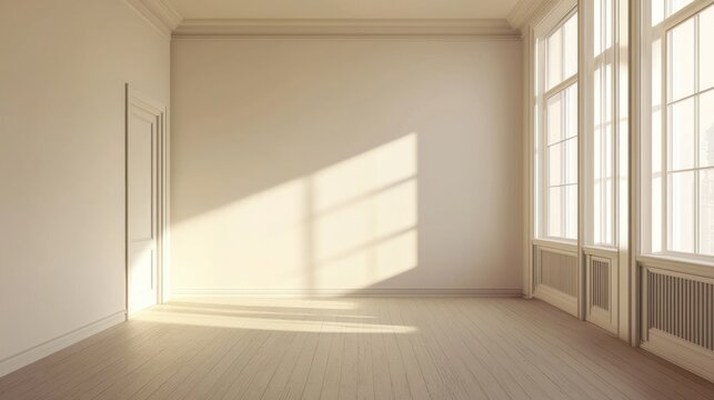 A minimalist empty bedroom with neutral tones, emphasizing space and potential for personalization