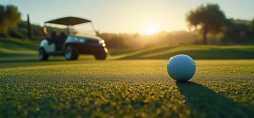 A golf ball on a green with a cart in the background at sunset.