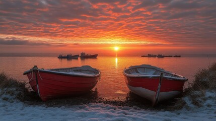Fototapeta premium Serene sunset over a calm sea with two red boats in the foreground.