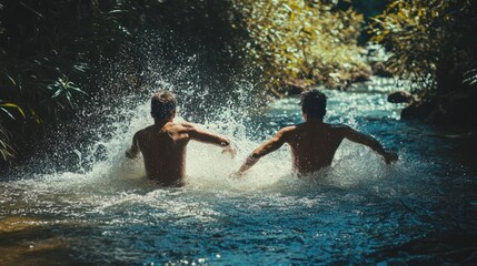 Two young men splash and play in a river surrounded by lush greenery, enjoying the refreshing water on a sunny day.